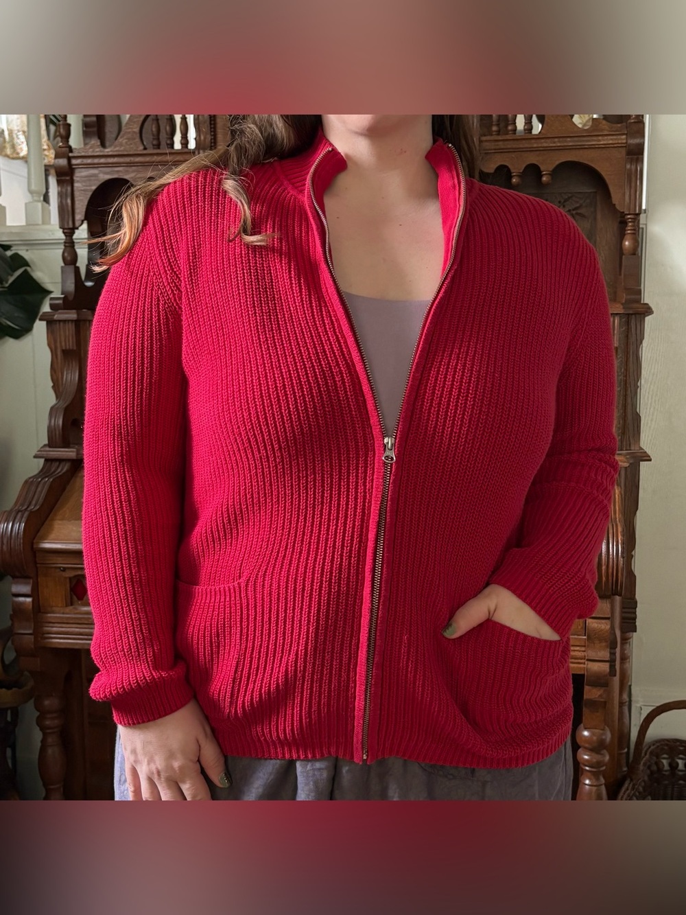 Red zip up 100% cotton 90s Coldwater Creek Cardigan Ribbed Knit Sweater Large